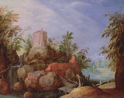 Paisaje fantástico con una cascada y un puente de Paul Bril