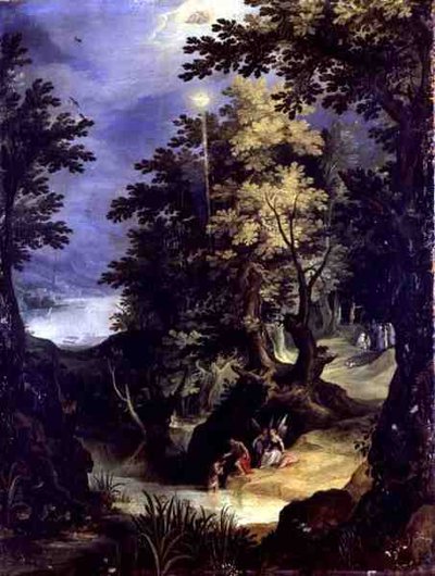Paisaje que representa el bautismo de Cristo y el sermón del bautismo de Paul Brill or Bril