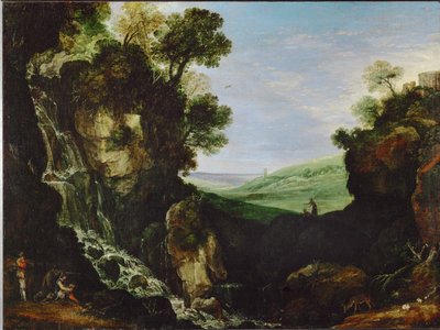 Paisaje con cascada y templo de Vesta en Tívoli de Paul Brill or Bril