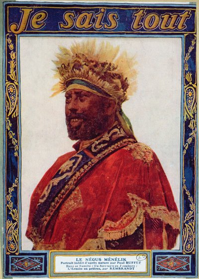 Retrato del Negus de Etiopía, Menelik II (1844-1913), ilustración de la revista Je Sais Tout, c.1900 de Paul Buffet