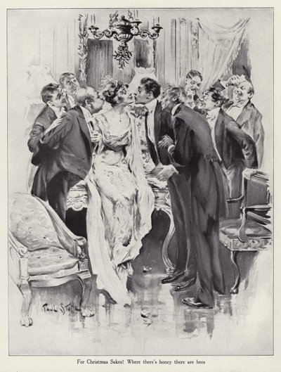 Los hombres se arremolinan en torno a una bella mujer como abejas alrededor de un tarro de miel (litografía) de Paul C. Stahr