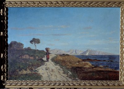 Alrededor de Marsella en 1866: paisaje marino con mujer llevando una cesta en la cabeza y caminando por un camino. Pintura por Paul Camille Guigou (1834-1871). 1866. Curioso. Museo de Périgord de Paul Camille Guigou