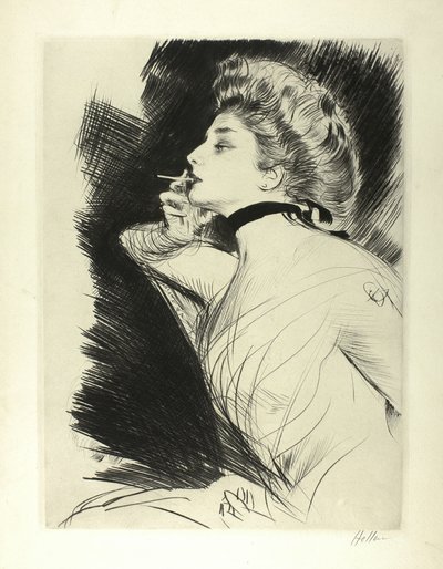 Retrato de medio cuerpo de una mujer sentada, fumando un cigarrillo, mirando hacia la izquierda de Paul Cesar Helleu