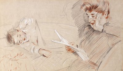 Madame Helleu leyendo, con Paulette acostada a su lado en un sofá de Paul Cesar Helleu