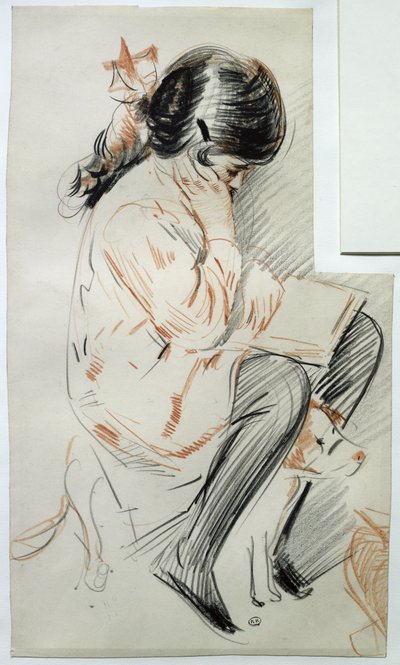 Paulette leyendo sentada en su perro de juguete de Paul Cesar Helleu