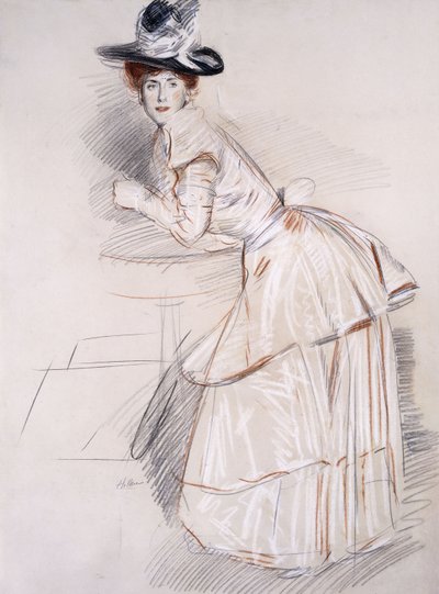 Retrato de Madame Helleu apoyada en una mesa de Paul Cesar Helleu