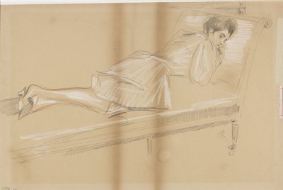 Mujer tumbada hacia delante en un banco de descanso de Paul Cesar Helleu