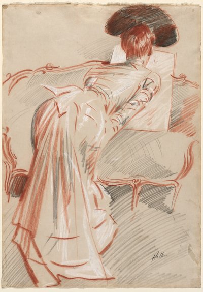 Mujer (posiblemente Madame Alice Hellu) mirando un dibujo de Paul Cesar Helleu