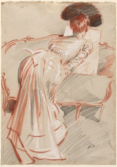 Mujer (posiblemente Madame Alice Hellu) mirando un dibujo, c. 1895 (tiza negra, roja y blanca) de Paul Cesar Helleu