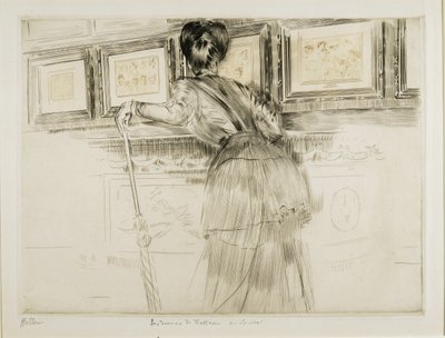 Mujer mirando dibujos de Watteau en el Louvre, c. 1895 de Paul Cesar Helleu