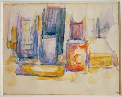 Una mesa de cocina, ollas y botellas (pintura) de Paul Cézanne