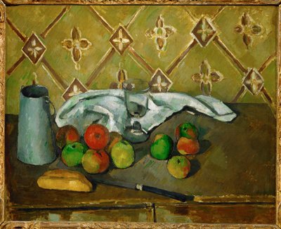 Frutas, servilleta y jarra de leche de Paul Cézanne