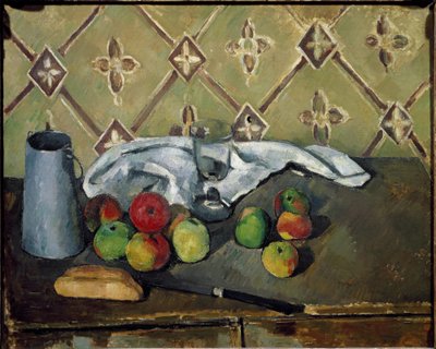 Frutas, servilleta y caja de leche de Paul Cézanne