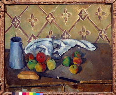 Frutas, toalla, pan y caja de leche de Paul Cézanne