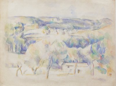 Casa y arboleda, c.1890 (lápiz y aguarela sobre papel) de Paul Cézanne