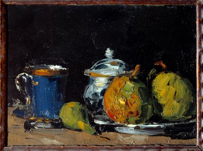 Azucarero, taza azul y peras de Paul Cézanne