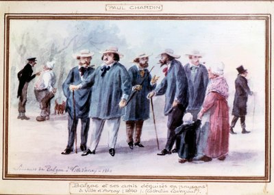 El escritor francés Honoré de Balzac y sus amigos disfrazados de campesinos en la ciudad de Avray en 1840 de Paul Chardin