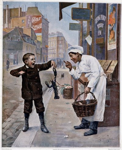Joven cocinero burlándose de un niño pellizcado por una langosta - dibujo de Chocarne-Moreau de Paul Charles Chocarne Moreau