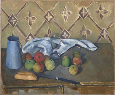 Fruta, servilleta y jarra de leche de Paul Cézanne