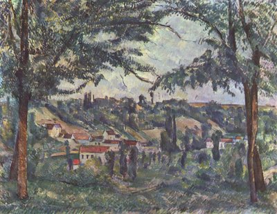 El Hameau des Pâtis en Pontoise, enmarcado por árboles de Paul Cézanne