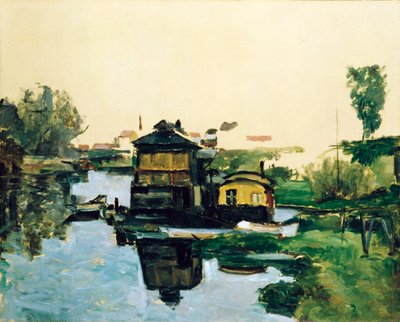Casas flotantes en un río de Paul Cézanne