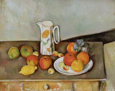 Naturaleza muerta: jarra de leche y frutas sobre una mesa de Paul Cézanne
