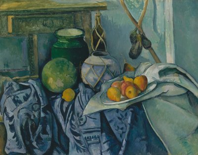 Naturaleza muerta con un tarro de jengibre y berenjenas de Paul Cézanne