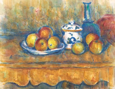 Bodegón con botella azul, azucarero y manzanas de Paul Cézanne