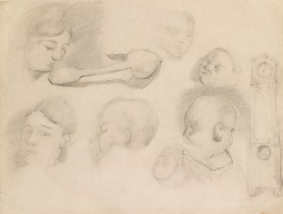 Estudios de la cabeza de un niño, la cabeza de una mujer, una cuchara y un reloj de pie, c1872 de Paul Cézanne