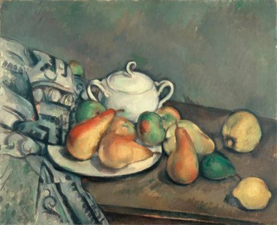 Azucarero, peras y alfombra de Paul Cézanne