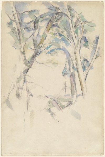 Árboles inclinados sobre rocas de Paul Cézanne