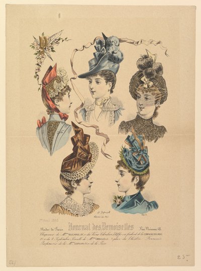 Sombreros de damas, No. 4671, del Journal des Demoiselles, 1 de abril de 1888 de Paul Deferneville