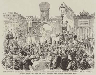 La recepción de oficiales rusos en París, General Chanoine, Almirante Avellan, M. Humbert y M. Poubelle conduciendo desde la Gare de Lyon a través del Arco Triunfal Ruso de Paul Destez