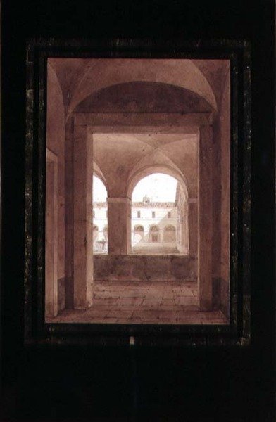 Vista de un claustro con una fuente de Paul Emile Detouche
