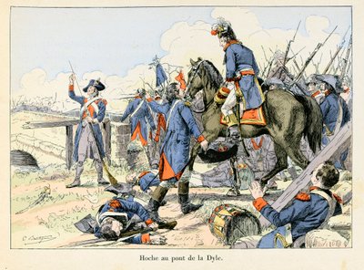 Hoche en el puente de la Dyle: En marzo de 1793, cubriendo la retirada en el paso de la Dyle frente a Lovaina (Bélgica), Lazare Hoche (1768-1797) luchó contra los austriacos - ilustración de Emile Boutigny (1853-1929) en “Hoche-Marceau-Desaix” de Theodore  de Paul Émile Boutigny
