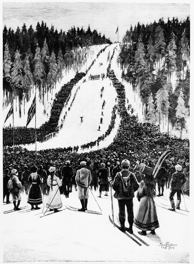 Esquí: El derby noruego, la carrera de esquí - dibujo de Paul Fisher, feb. 1900, Bibl. des Arts Deco de Paul Fischer
