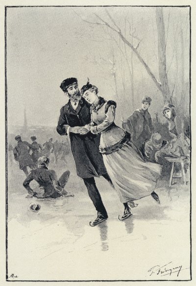 Ilustración para Anna Karenina: Levin y Kitty en el hielo de Paul Frenzeny