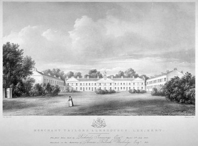 Vista de las casas de beneficencia de los comerciantes en Lee High Road, Lewisham, Londres, 1826 de Paul Gauci