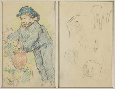 Un niño bretón con una jarra; cinco formas de animales (reverso) de Paul Gauguin