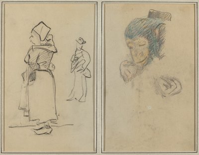 Una mujer bretona y un hombre de pie; cabeza y mano de un mono de Paul Gauguin