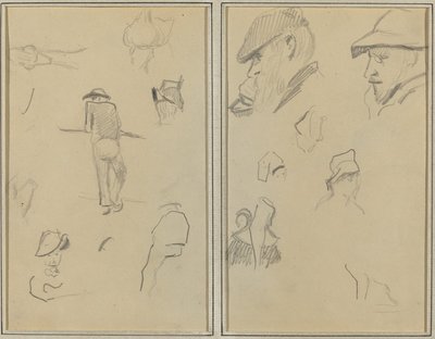 Un Hombre Apoyado en una Pared con Cinco Otros Estudios; Dos Hombres Barbados con Sombreros, y Cinco Otros Estudios de Paul Gauguin
