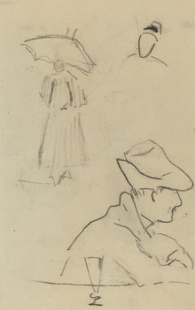 Una persona con paraguas y un hombre sentado con sombrero y vaso [verso] de Paul Gauguin