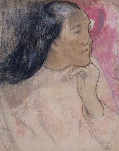 Una mujer tahitiana con una flor en el cabello, 1891-92 de Paul Gauguin