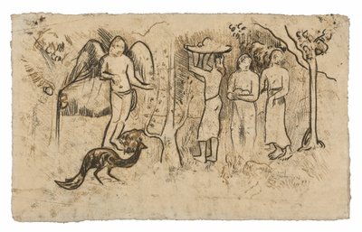 Ángel, pavo real y tres tahitianos de Paul Gauguin