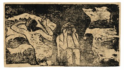 En las rocas negras, de la serie de grabados tardíos en madera de Paul Gauguin