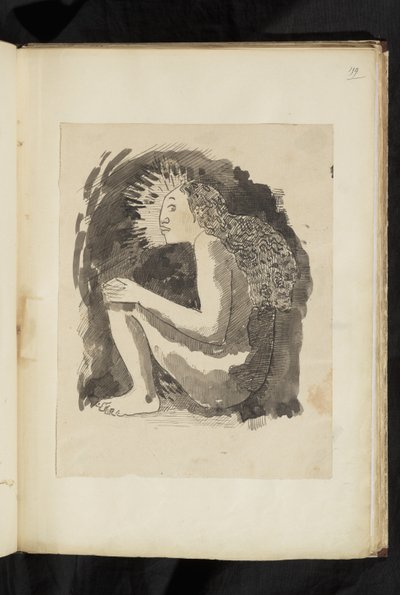 Antes y después - dibujo de una mujer nativa desnuda sentada, de perfil, con las rodillas dobladas de Paul Gauguin