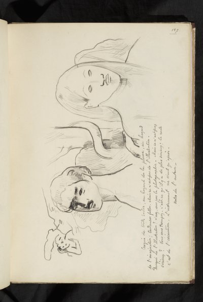 Antes y después - texto y dibujo de Adán y Eva con la serpiente enroscada alrededor del árbol detrás de ellos de Paul Gauguin