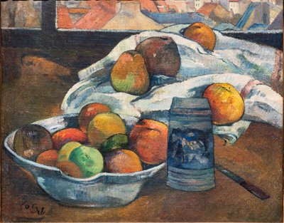 Tazón de fruta y una jarra ante una ventana, c.1890 (óleo sobre lienzo) de Paul Gauguin