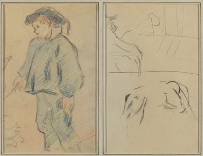 Niño Bretón Cuidando Gansos; Vacas y una Figura Apoyada en un Saliente (detalle) de Paul Gauguin