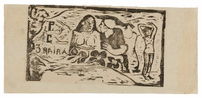 Busto de una mujer desnuda y figura de tres cuartos de un hombre con gorra blanca de perfil, tercera figura pequeña a la derecha, cabecera para Le sourire de Paul Gauguin